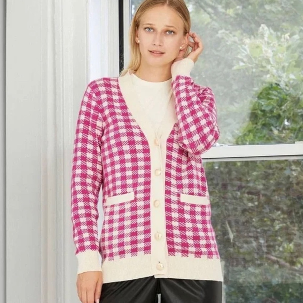 NWOT Who What Wear X Target Jacquard Houndstooth Pink and Cream Cardigan Sweater
